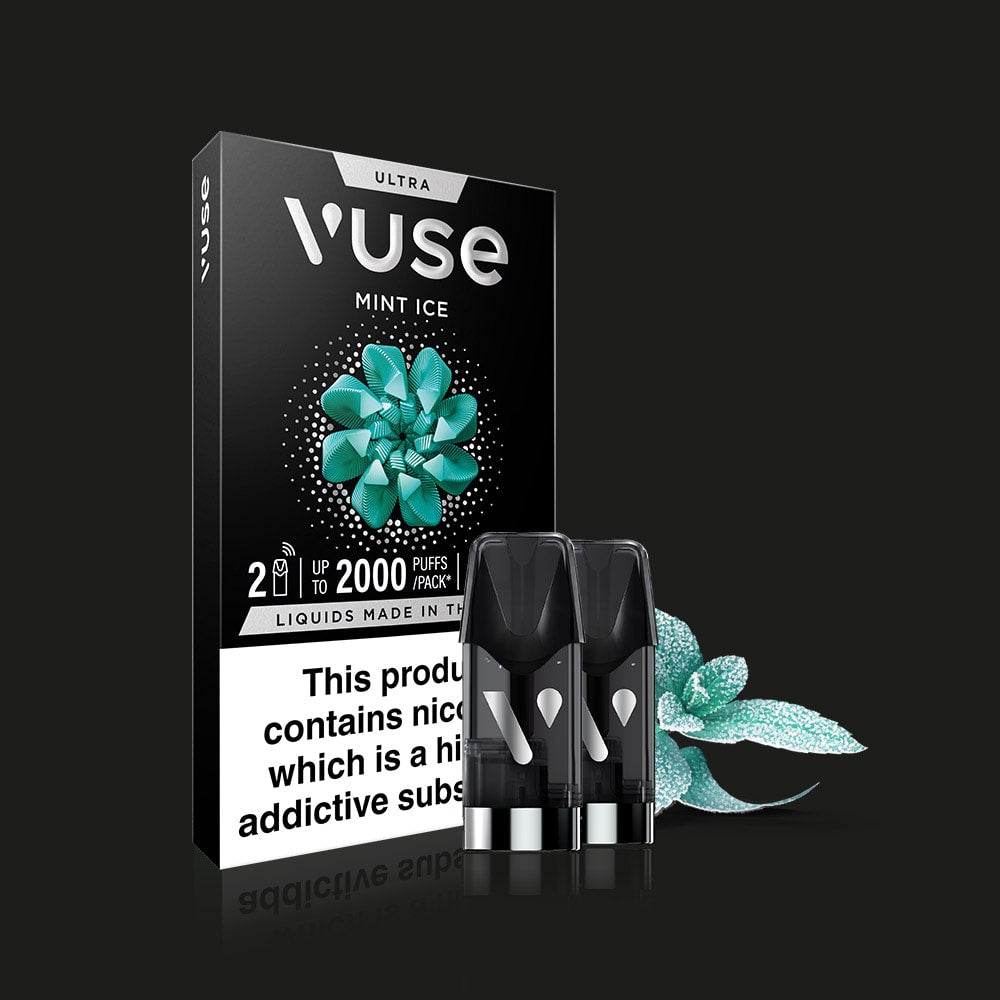 A box of Mint Ice Ultra Smart Pod by Vuse is displayed with two pods in front, showcasing a teal mint graphic and nicotine warning, set against a black background for an elevated vaping experience.