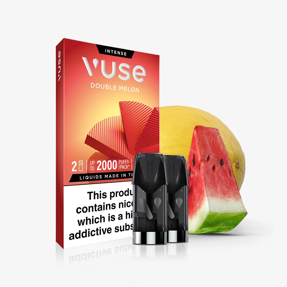 A pack of Double Melon Vuse Extra Intense Flavour Pods is shown with two pods in front, next to watermelon slices and a yellow melon. These pods are PRO compatible, with a partially visible nic salts warning label at the bottom.
