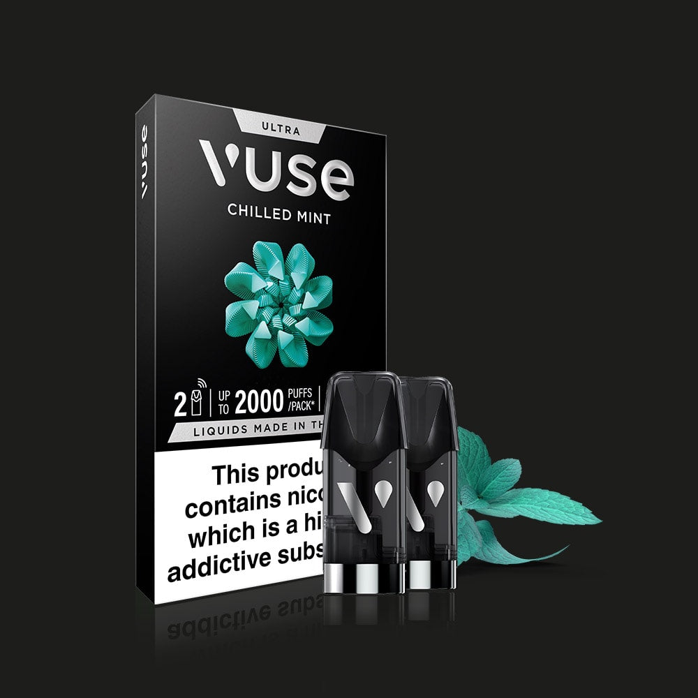 A Vuse Chilled Mint Ultra Smart Pod pack with two pods in a black box featuring a green mint graphic and mint leaves, warns that it contains nic salts and nicotine, an addictive substance.