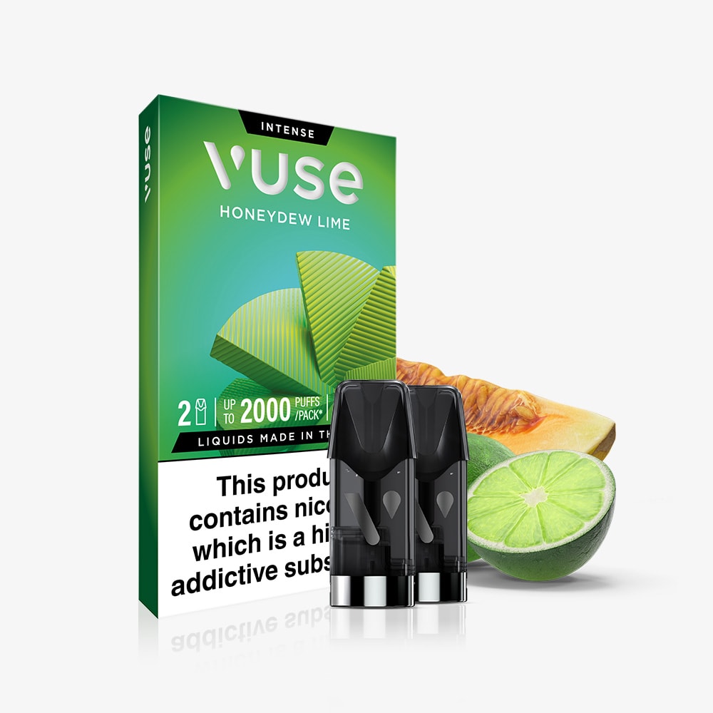 Honeydew Lime Vuse Extra Intense Flavour Pods by Vuse come in a green box with two pre-filled pods, sliced honeydew melon, half a lime, and a warning label about nicotine and nic salts at the bottom.