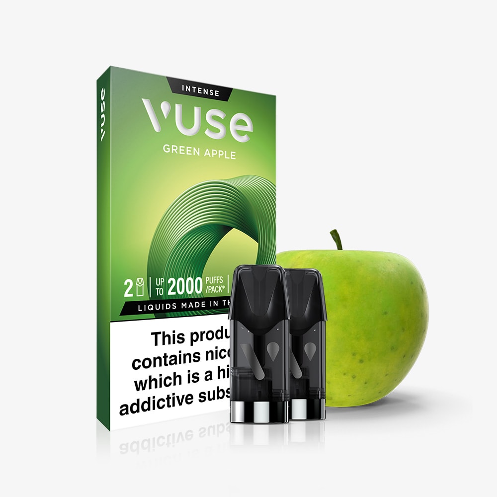 Vuse Green Apple vape device packaging with two black vape pods and a green apple on a white background.