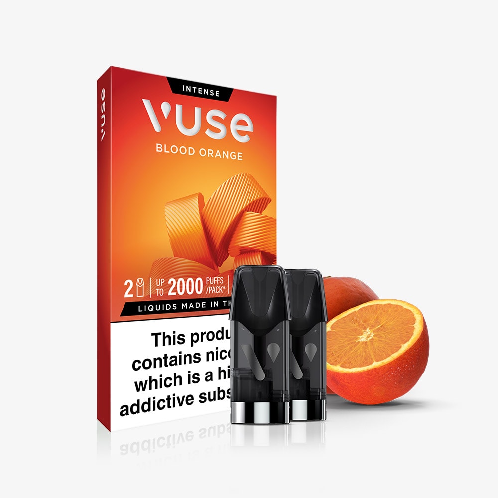 Blood Orange Vuse Extra Intense Flavour Pods by Vuse shown with two pods in front of the box and a sliced blood orange on a white background. Nicotine warning label partially visible on packaging. Features nic salts.