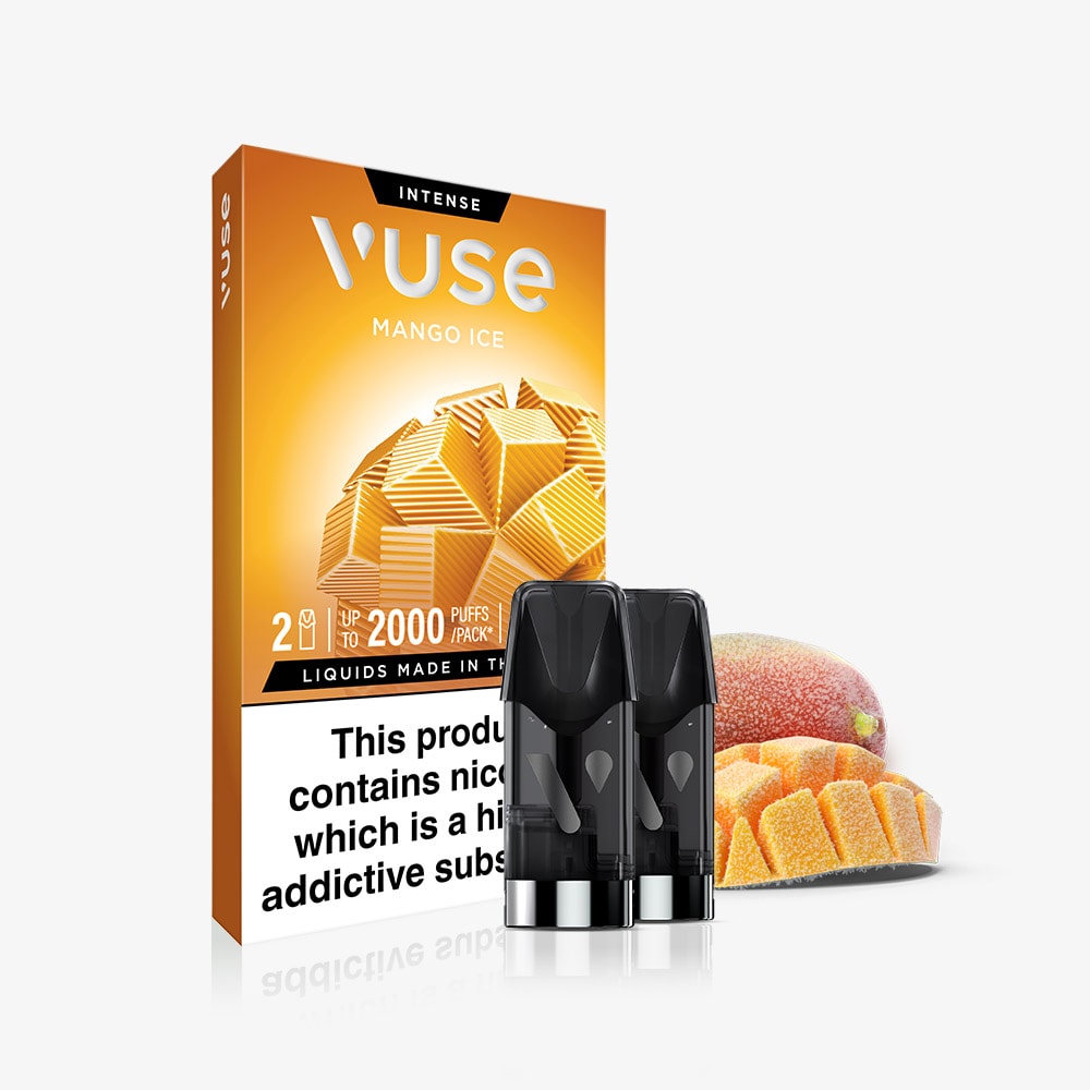 Box of Mango Ice Vuse Extra Intense Flavour Pods by Vuse with two pre-filled pods displayed in front. The packaging shows mango imagery and a nicotine warning label. Compatible with Vuse PRO devices.