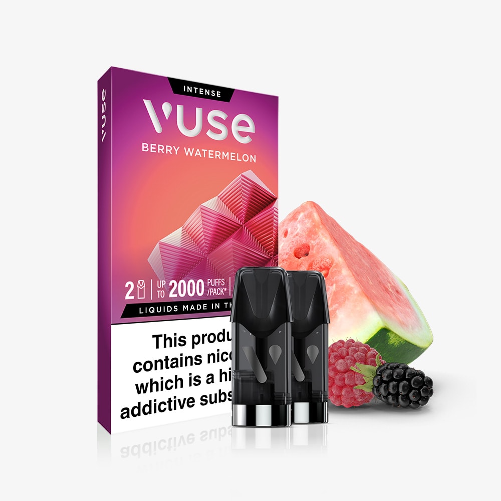 Berry Watermelon Vuse Extra Intense Flavour Pods by Vuse, shown with two PRO-compatible pods in front of the box, next to watermelon, raspberry, and blackberry slices. Packaging highlights nicotine content warnings.
