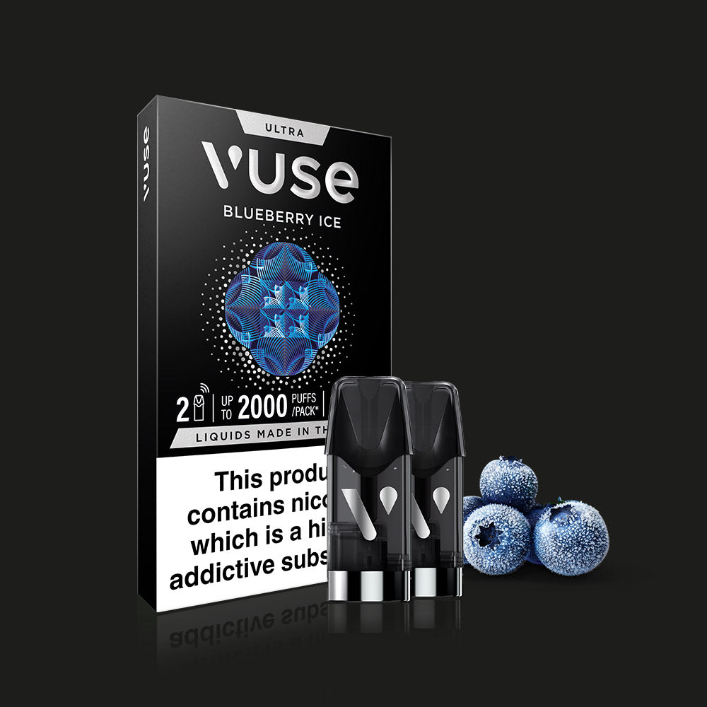 Vuse Blueberry Ice Ultra Smart Pod packaging features two pods, three frosted blueberries on a black background, Flavour AutoTune technology, product details, and a nicotine warning label.