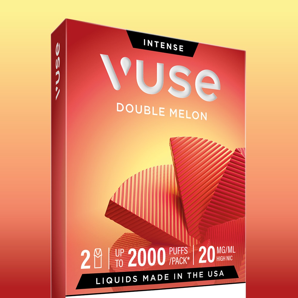 The Double Melon Vuse Extra Intense Flavour Pods pack features red and orange packaging with melon slice art, two cartridge icons, “Double Melon,” 20 mg/ml nic salts, up to 2000 puffs/pack. Compatible with Vuse PRO devices.