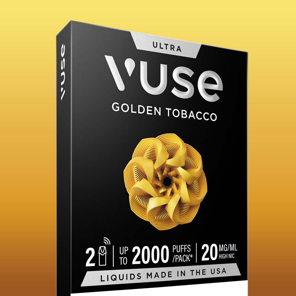 The Vuse Golden Tobacco Ultra Smart Pod packaging features a geometric gold design and highlights golden tobacco flavour, 2 devices per pack, up to 2000 puffs, 20 mg/mL nic salts, and USA-made liquids on a gradient yellow background.