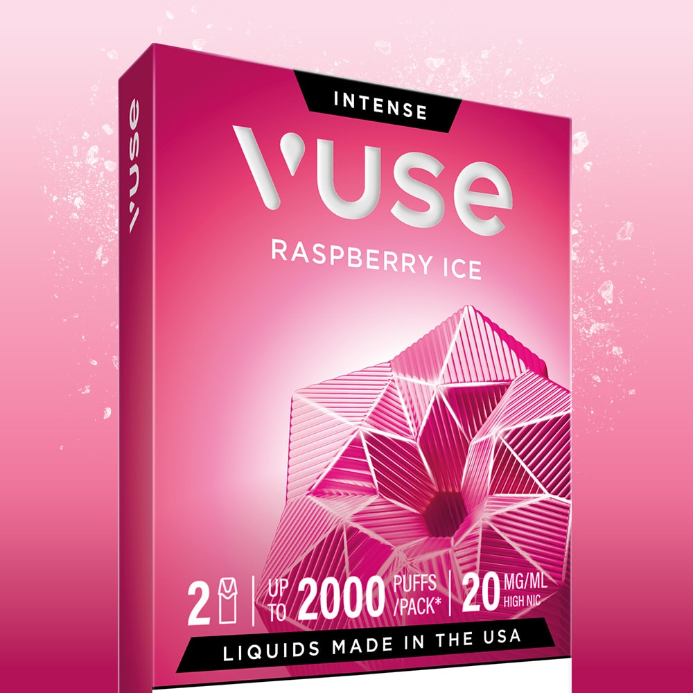 The Raspberry Ice Vuse Extra Intense Flavour Pods by Vuse come in pink and white geometric packaging with 2 pre-filled nic salt pods, provide up to 2000 puffs per pack, contain 20 mg/mL nicotine, and are made in the USA.