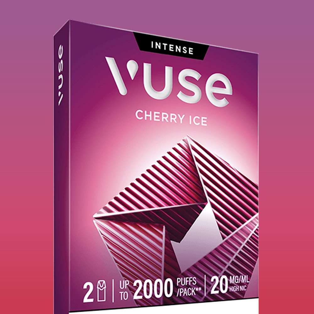 A Vuse Cherry Ice Extra Intense Flavour Pods pack featuring a geometric pink and white design, highlighting 2 devices, up to 2000 puffs per pack, 20mg/ml nicotine strength, and compatibility with Vuse PRO.