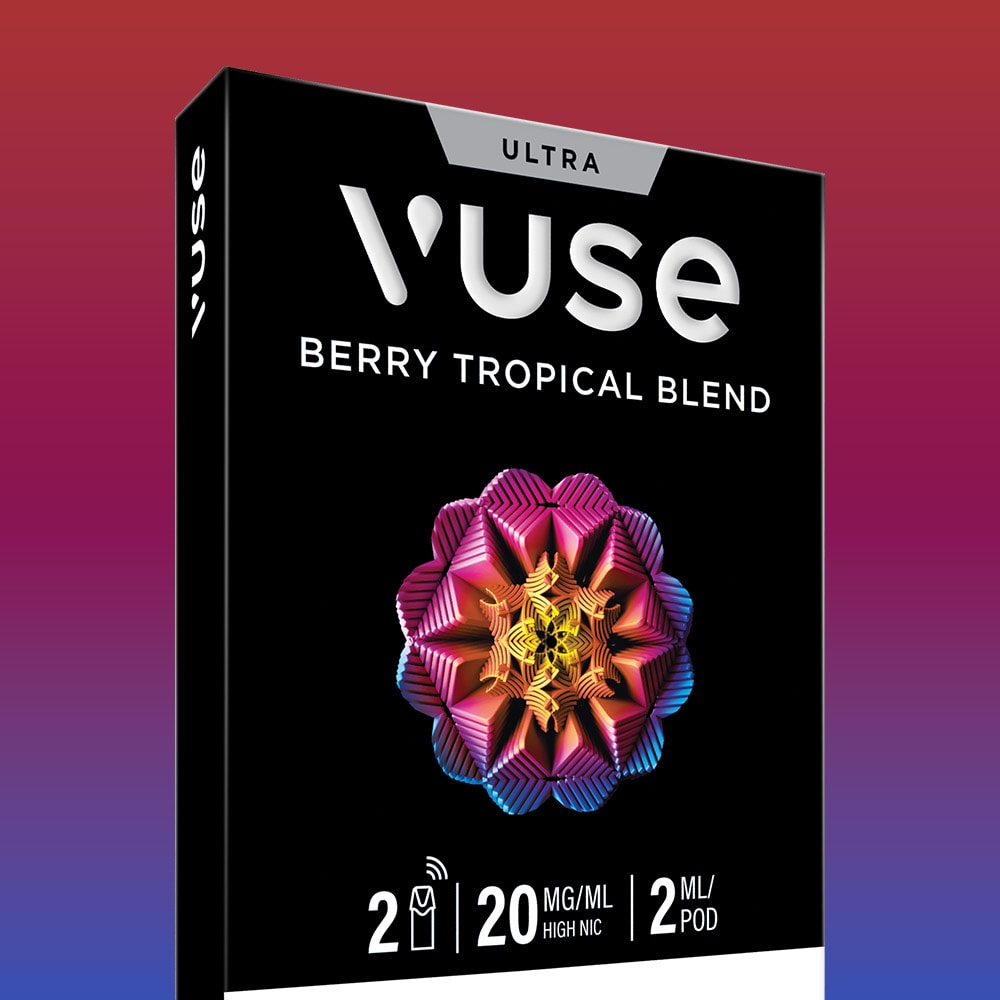 Vuse berry tropical blend vape pod packaging on a gradient background