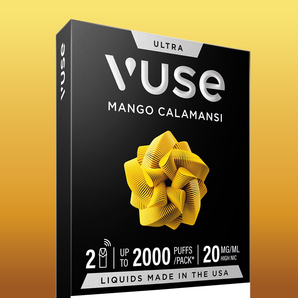 A black Mango Calamansi Ultra Smart Pod box features a yellow abstract design, text showing 2 devices, up to 2000 puffs per pack, and 20mg/ml nicotine for an elevated vaping experience.
