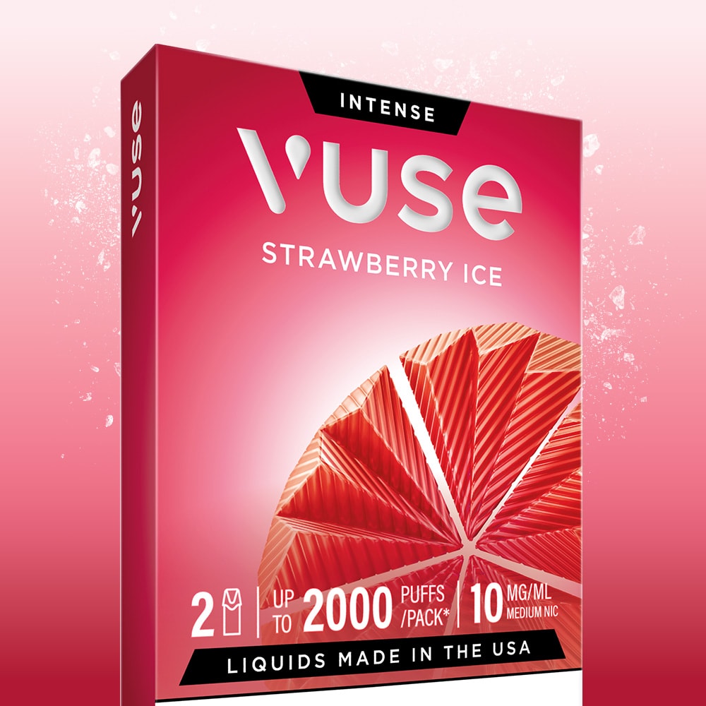Strawberry Ice Vuse Extra Intense Flavour Pods packaging shows a sliced strawberry, states "2 Strawberry Ice Vuse Pods," delivers up to 2000 puffs/pack, 10mg/ml medium nic, USA-made liquid, and fits Vuse PRO devices.