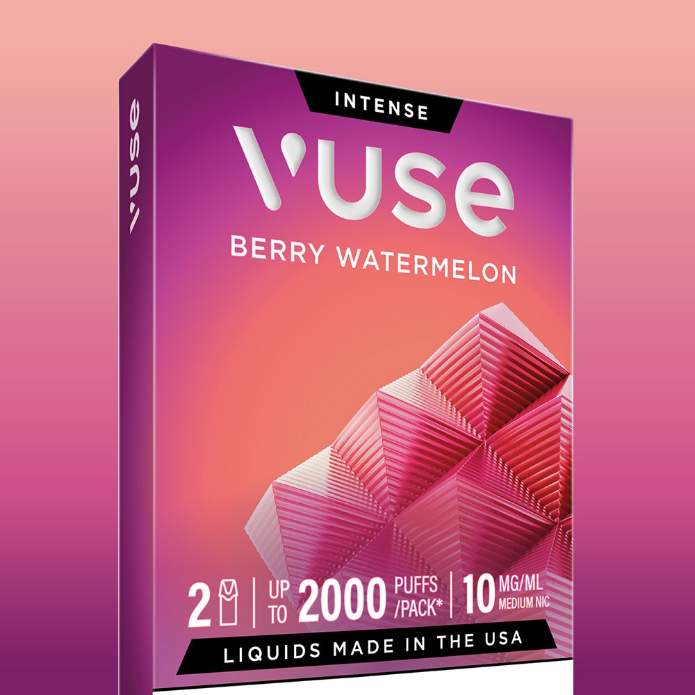 A Berry Watermelon Vuse Extra Intense Flavour Pods box features pink and purple geometric graphics, up to 2000 puffs per pack, 10 mg/ml strength, Vuse PRO compatible, and “Liquids Made in the USA” at the bottom.