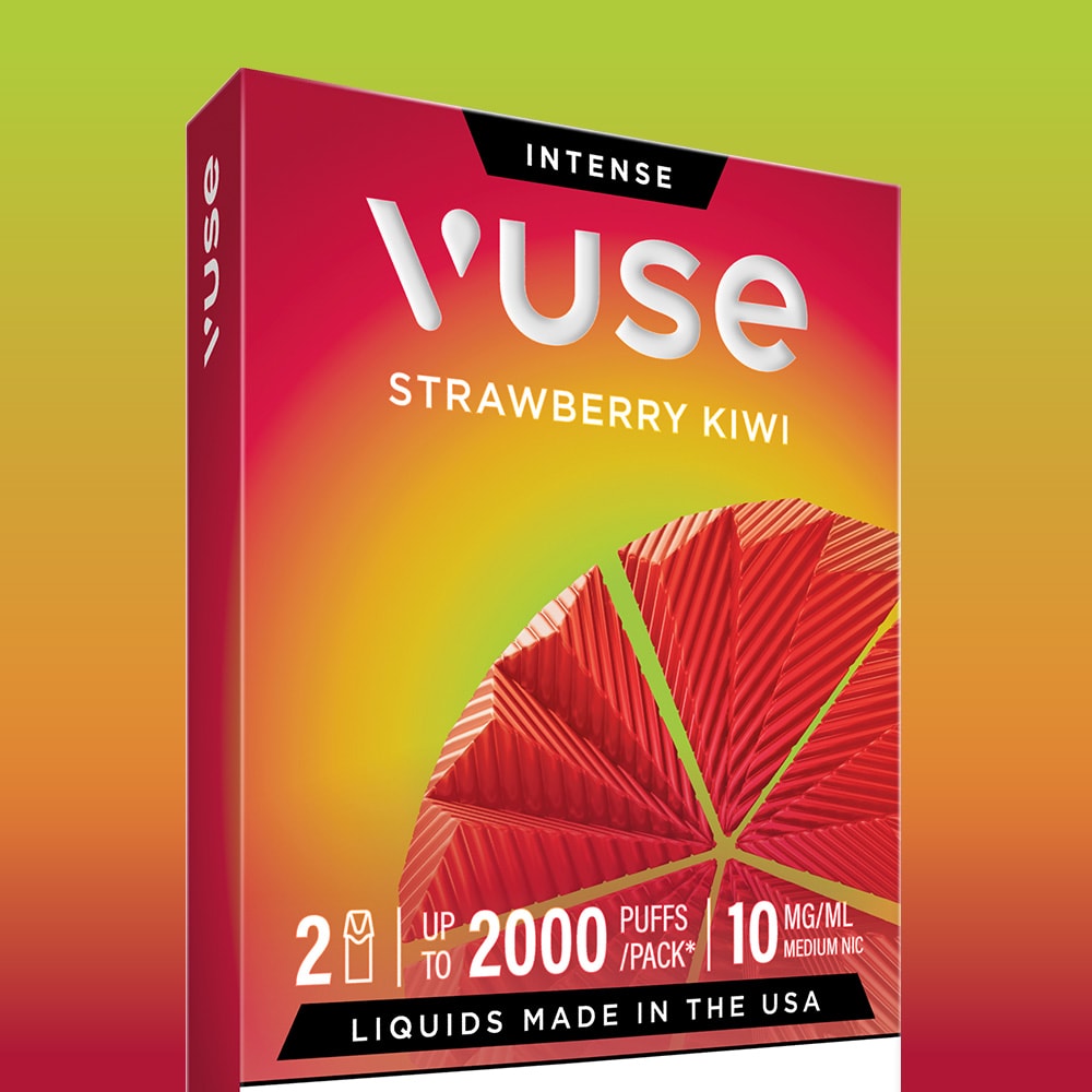 A Vuse Strawberry Kiwi Extra Intense Flavour Pods box in vibrant red and yellow, with a fruit slice design, features 2000 puffs, 10 mg/mL nicotine, two pre-filled pods per pack, and is compatible with Vuse PRO devices.