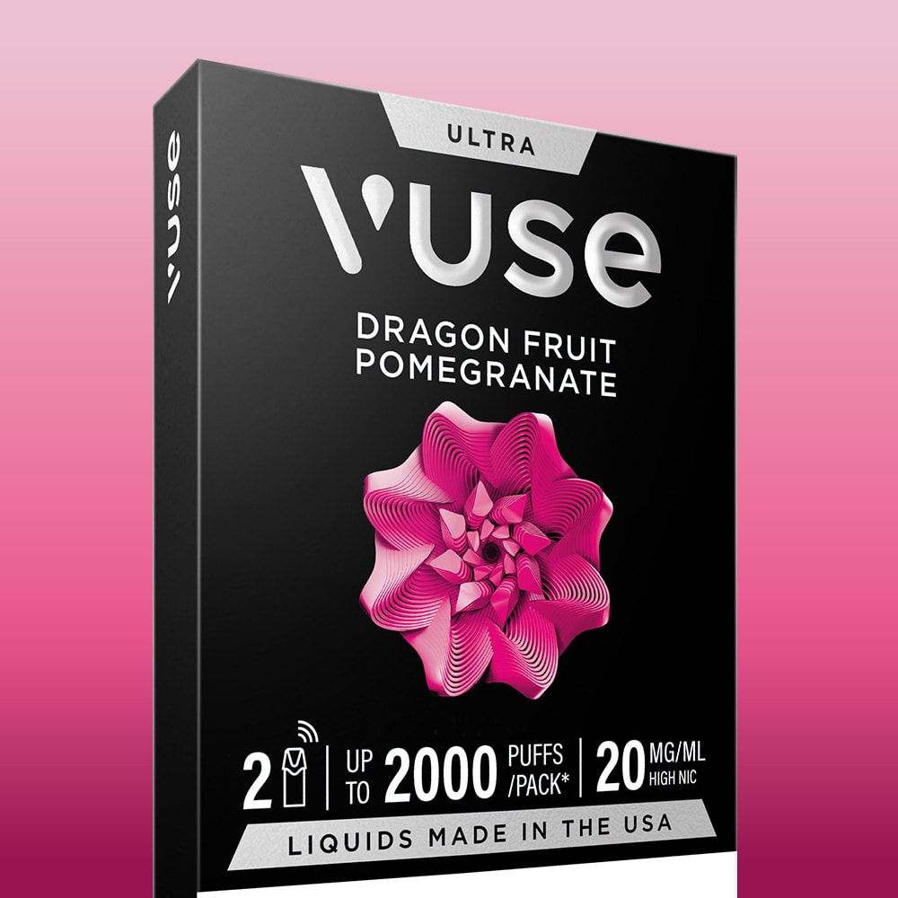 Vuse Dragon Fruit Pomegranate Ultra Smart Pod features a pink geometric flower design, ceramic heater tech, 2ml liquid, up to 2000 puffs per pack, and 20mg/ml nicotine. Liquids made in the USA.