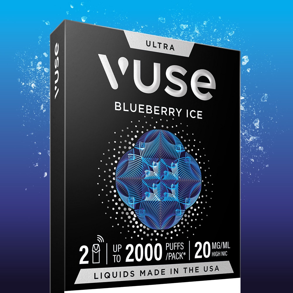 A Vuse Blueberry Ice Ultra Smart Pod is displayed against a blue gradient background with ice crystal accents. The packaging highlights up to 2000 puffs, 20 mg/ml strength, USA-made liquids, and advanced Ultra Smart Pod technology.
