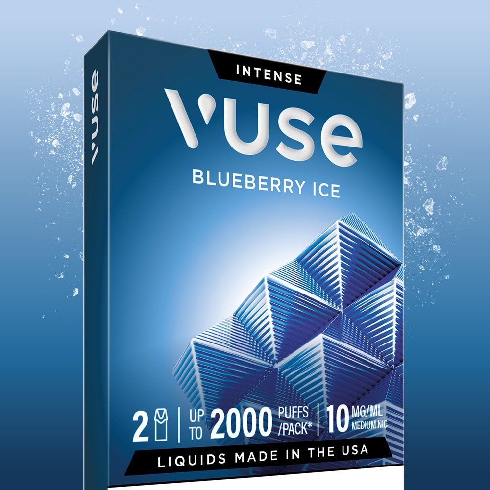 Vuse Blueberry Ice Extra Intense Flavour Pods box, blue geometric design, “Up to 2000 puffs,” “10 mg/ml,” “2 pods,” and “Liquids made in the USA.” Compatible with Vuse PRO; uses Vuse pre-filled e-liquid pods.