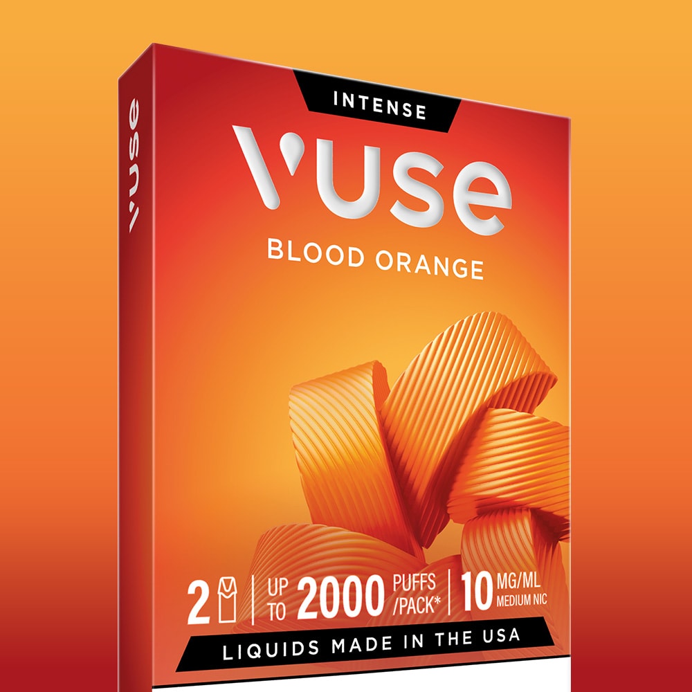 The Blood Orange Vuse Extra Intense Flavour Pods feature vibrant packaging, 2 nic salt pods, up to 2000 puffs per pack, and Vuse PRO compatibility. Made in the USA by Vuse.