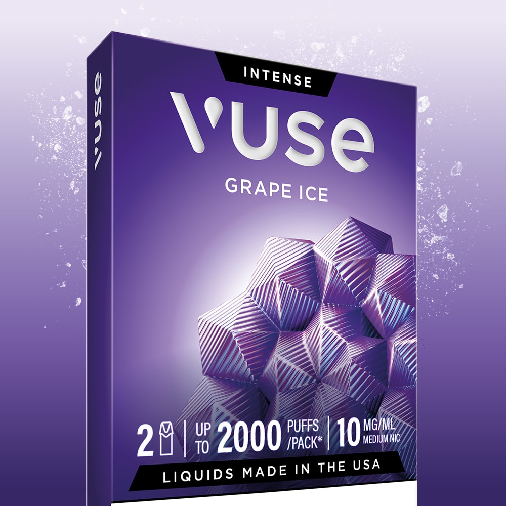 Grape Ice Vuse Extra Intense Flavour Pods by Vuse feature a purple geometric ice design, offering up to 2000 puffs, 10 mg/mL strength, liquids made in the USA, pre-filled for convenience, and compatible with Vuse PRO devices.