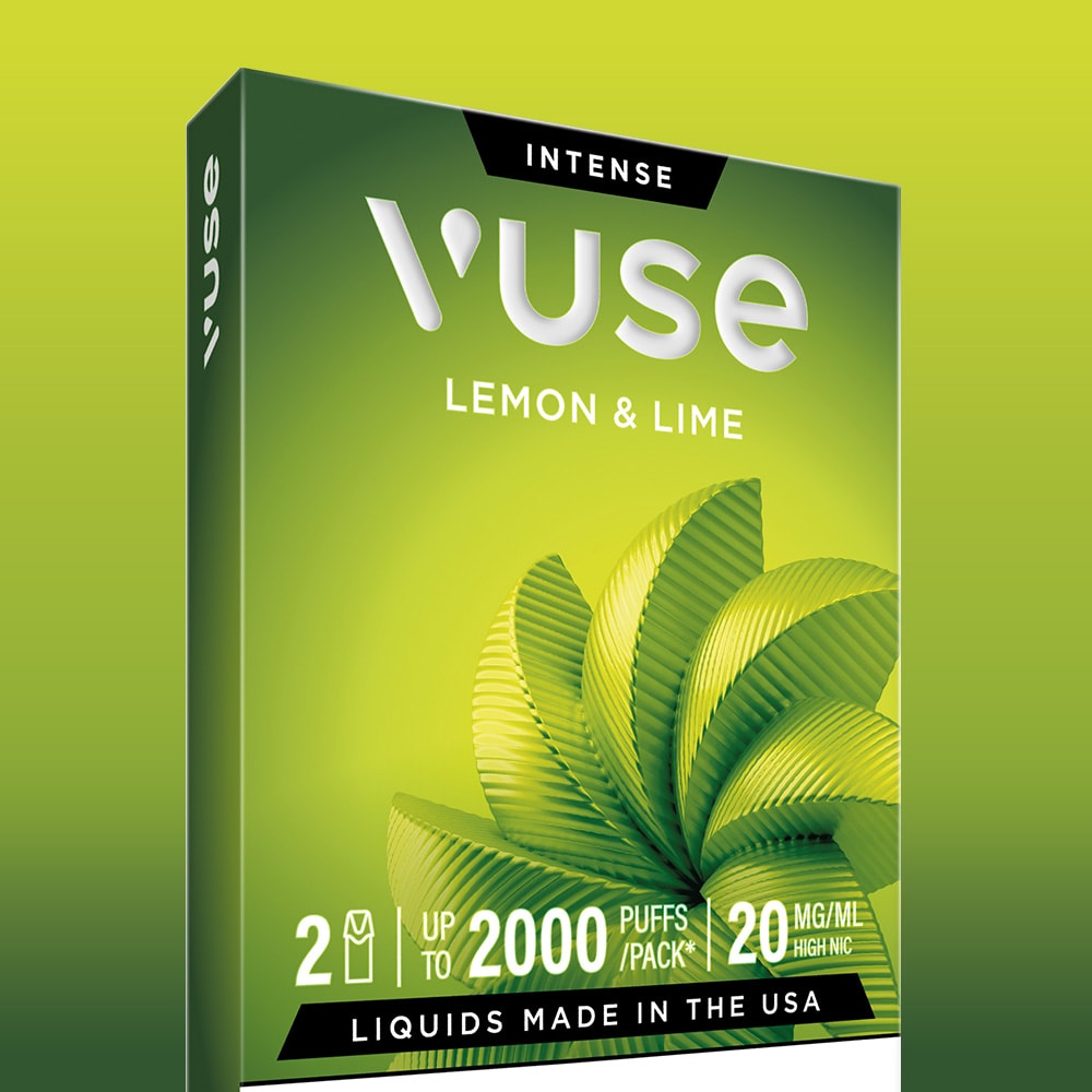 Lemon & Lime Vuse Extra Intense Flavour Pods by Vuse come in a green and yellow gradient pack with stylized leaves. Each pack has 2 pre-filled pods, up to 2000 puffs, and 20mg/ml high nicotine for a bold vaping experience.
