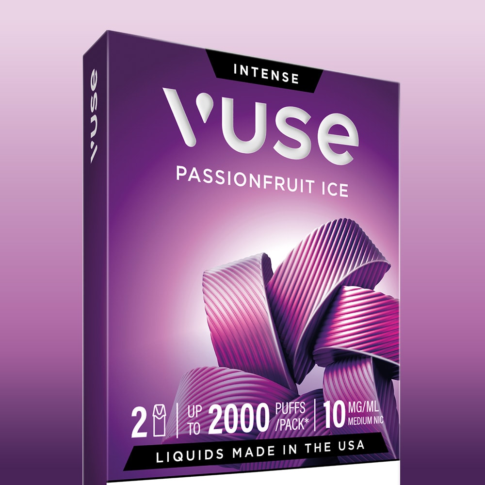 Purple packaging for Vuse Passionfruit Ice Extra Intense Flavour Pods features a metallic ribbon, highlights “2 devices, up to 2000 puffs/pack, 10 mg/ml nicotine, Liquids Made in the USA,” and is compatible with Vuse PRO Passionfruit Ice Pods.