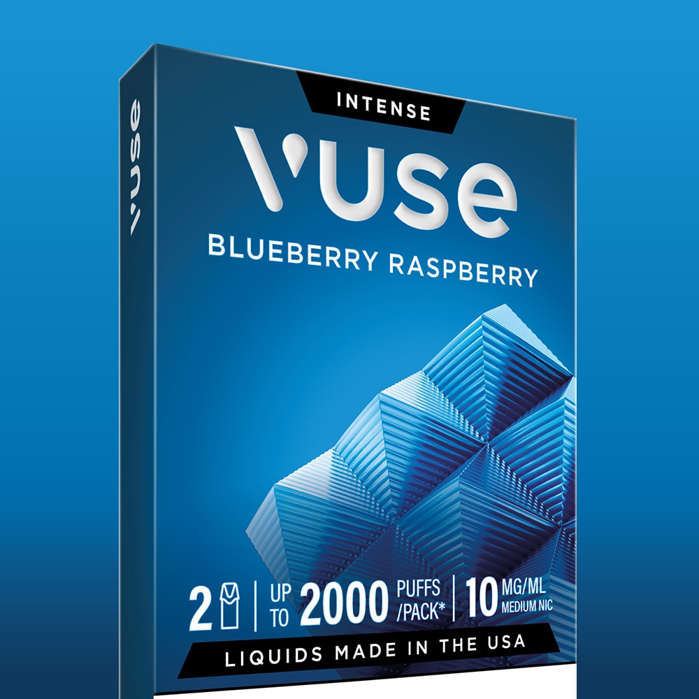 The Vuse Blueberry Raspberry Vuse Extra Intense Flavour Pods deliver up to 2000 puffs per dual-device pack, 10 mg/mL nicotine, with “Liquids Made in the USA” on blue geometric packaging.