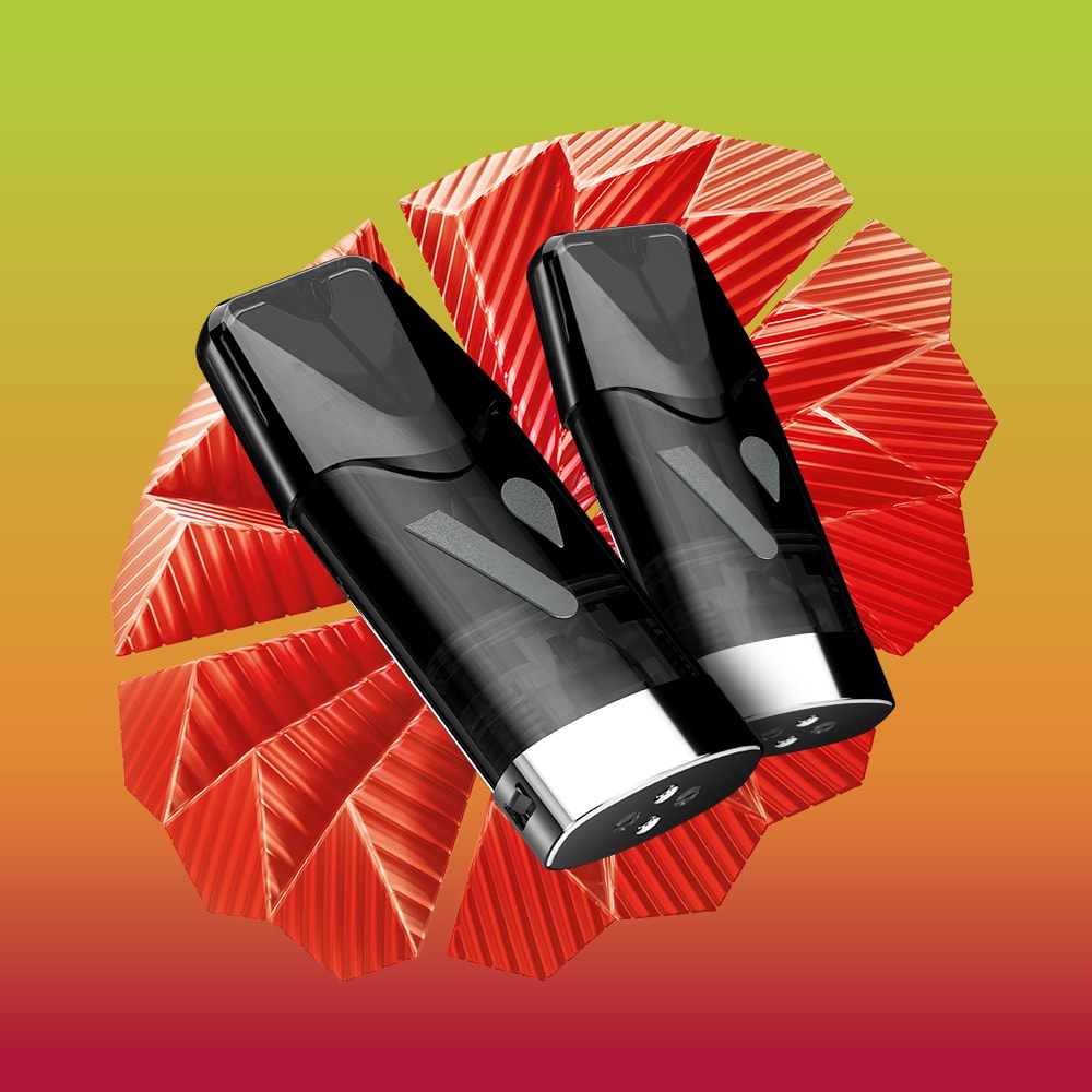 Two black and silver Vuse devices, compatible with Strawberry Kiwi Vuse Extra Intense Flavour Pods, stand side by side before a red geometric shape, set against a gradient backdrop of yellow, green, and pink.