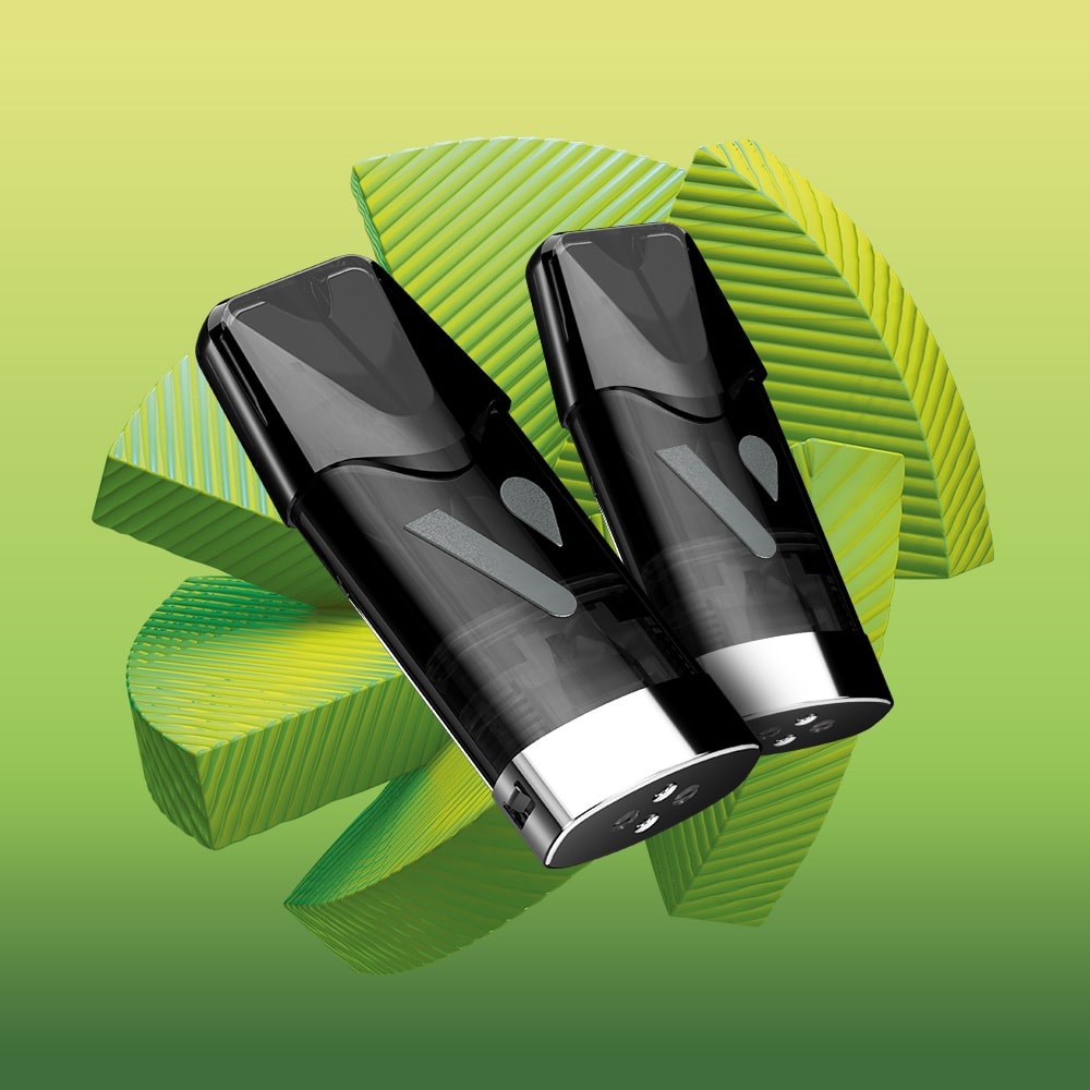 Two sleek black Honeydew Lime Vuse Extra Intense Flavour Pods with silver bases are displayed against a green gradient background with abstract, geometric leaf shapes.