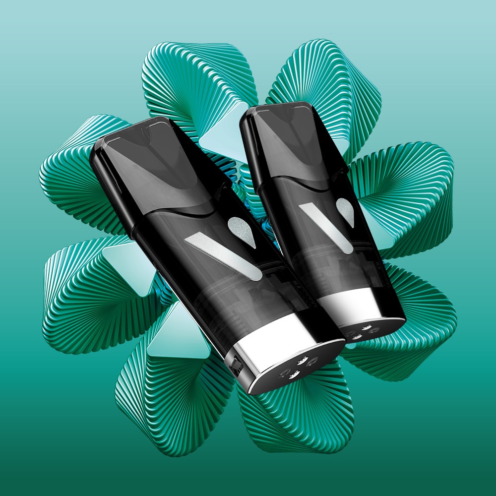 Two sleek black vape devices with silver accents sit before an abstract teal and white flower on a teal gradient background, highlighting the refreshing mint flavour of Chilled Mint Ultra Smart Pod.