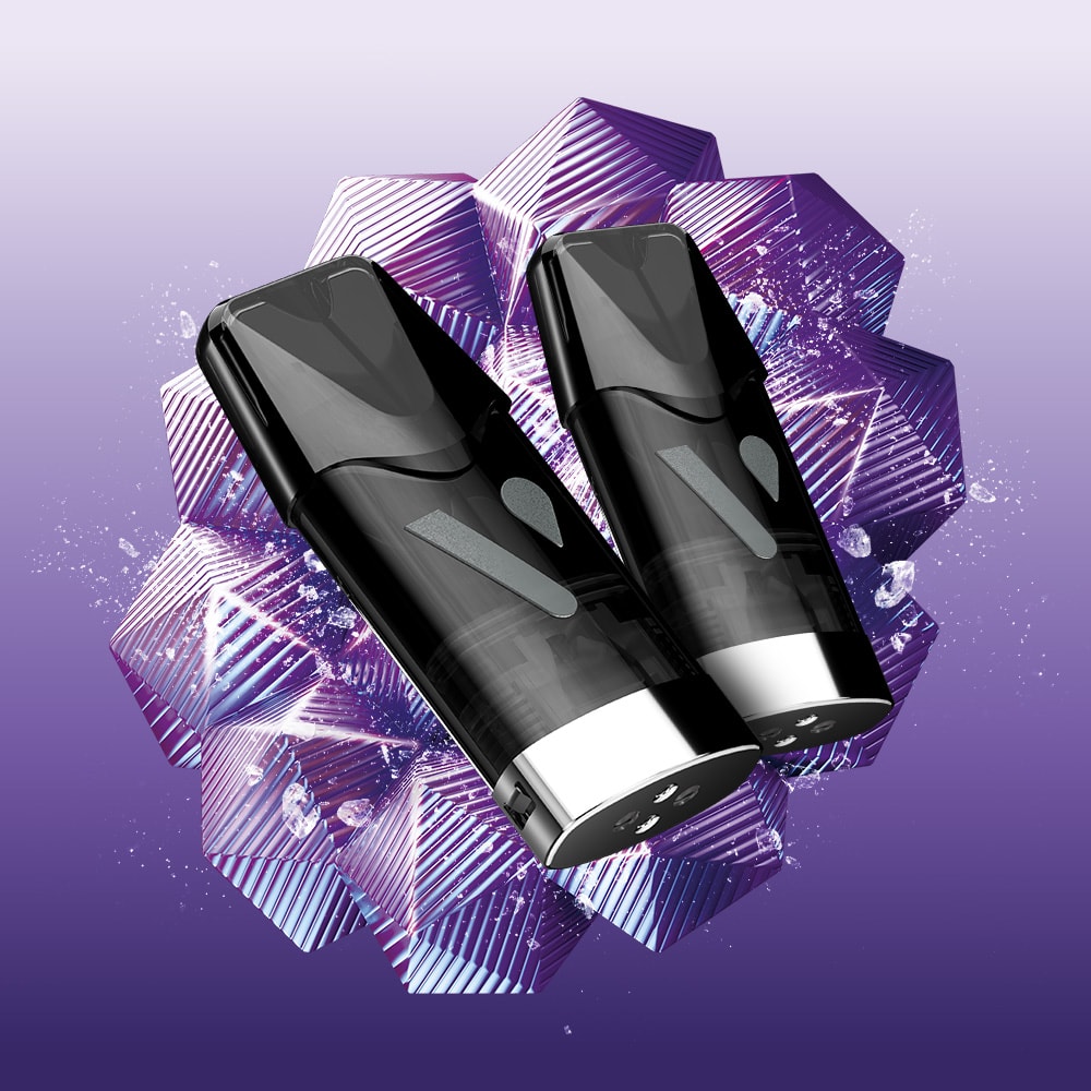 Two sleek black and silver vape devices appear against a geometric purple background, showcasing Vuse Grape Ice Extra Intense Flavour Pods. These Vuse PRO-compatible pods deliver a cool, intensely flavorful vaping experience.