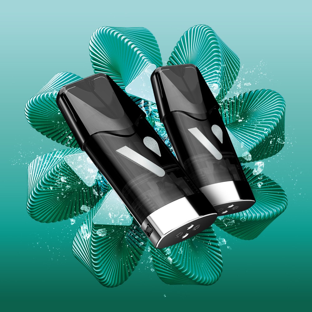 Two sleek black Vuse devices with silver tips, designed for Mint Ice Ultra Smart Pods, are diagonally placed against an abstract teal splash and geometric background for a premium vaping experience.