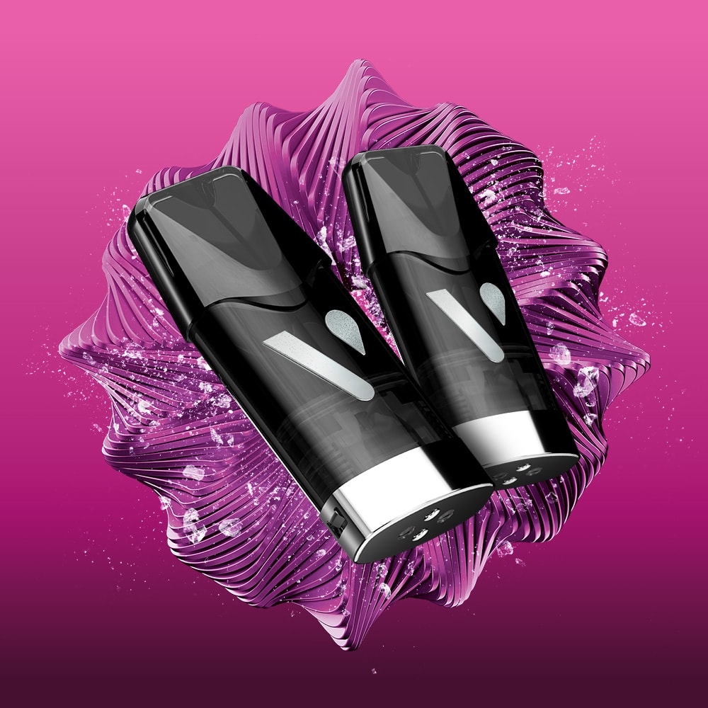 Two sleek black vape devices with silver tips are displayed on a vibrant pink background, showcasing the modern design of the Cherry Ice Ultra Smart Pod and promising a refreshing, energetic vaping experience.