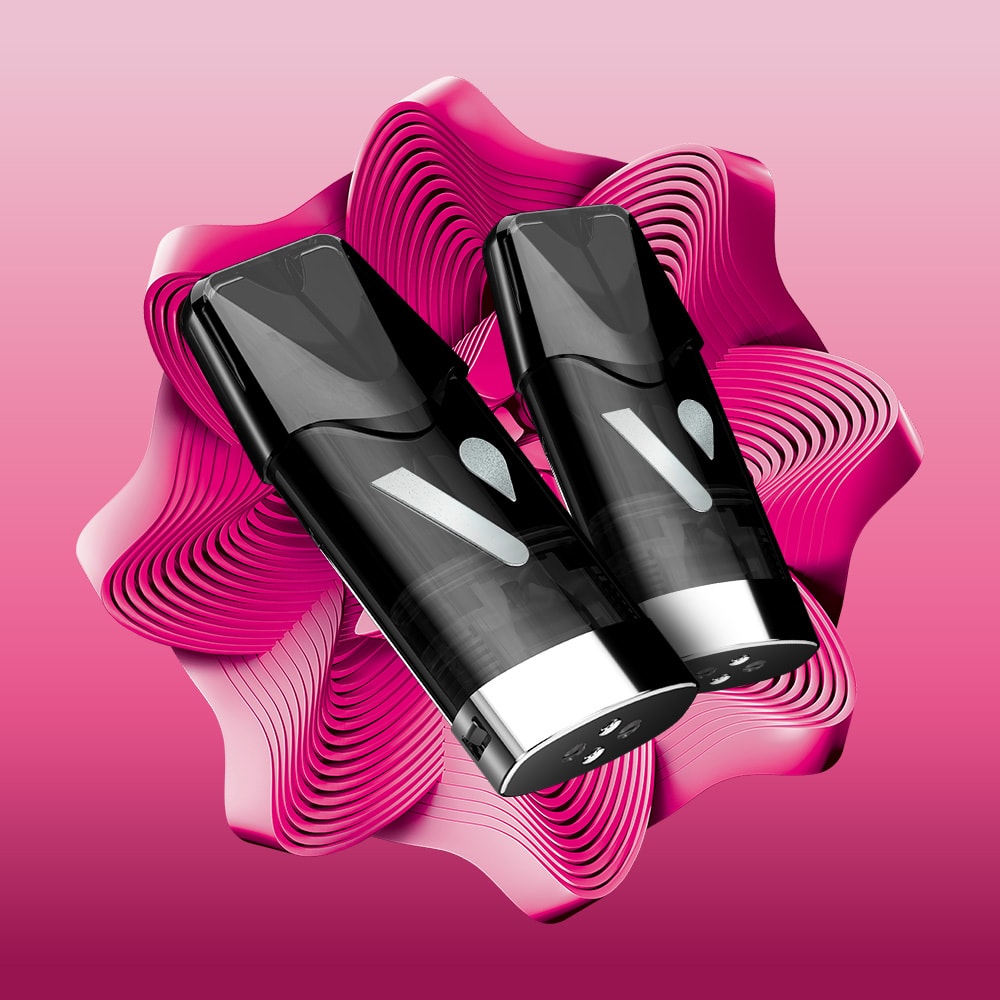 Two sleek black Vuse Dragon Fruit Pomegranate Ultra Smart Pods with silver bases are displayed before a pink, abstract layered paper flower background, highlighting their advanced ceramic heater technology and modern design.
