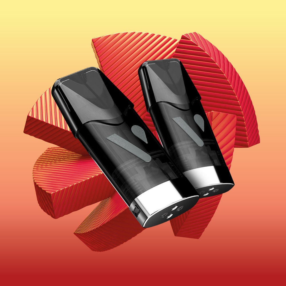Two Double Melon Vuse Extra Intense Flavour Pods, sleek and black, Vuse PRO compatible, are shown against abstract red and orange geometric shapes on a yellow-to-red gradient background.