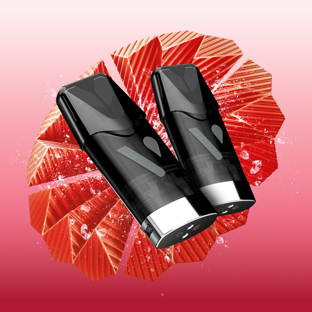 Two sleek black Strawberry Ice Vuse Extra Intense Flavour Pods with silver bases, compatible with Vuse PRO, are arranged diagonally before a red, geometric citrus slice with water droplets on a pink to red gradient background.
