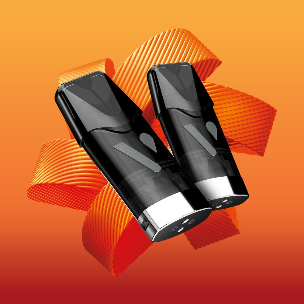 Two sleek, black and silver Blood Orange Vuse Extra Intense Flavour Pods by Vuse are shown against an orange gradient with a swirling ribbon shape. These pods offer a smooth nic salt experience and are compatible with Vuse PRO devices.