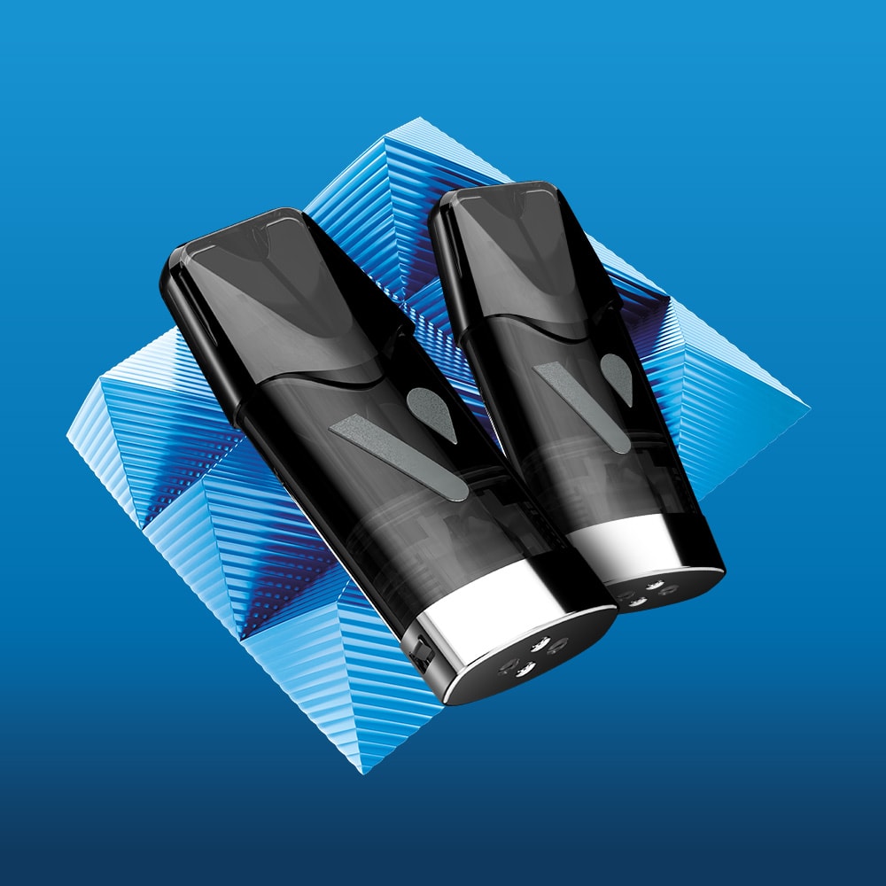 Two sleek, black Blueberry Raspberry Vuse Extra Intense Flavour Pods by Vuse with silver bases are shown side by side against a blue geometric triangular background. These pods are pre-filled and compatible with Vuse PRO devices for convenience.