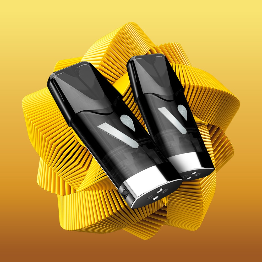 Two sleek, black devices sit side by side before a geometric yellow sculpture, set against a gradient yellow-brown backdrop—showcasing the Mango Calamansi Ultra Smart Pod’s sophisticated design for an elevated vaping experience.