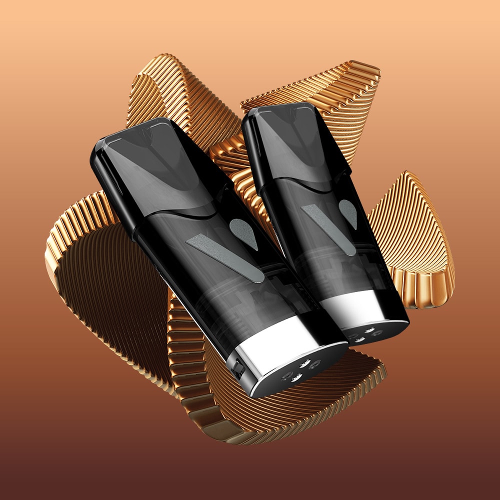 Two sleek black and silver vape devices are displayed before swirling gold and bronze shapes, highlighting Vuse PRO compatibility and Creamy Tobacco Vuse Extra Intense Flavour Pods on a gradient brown background.