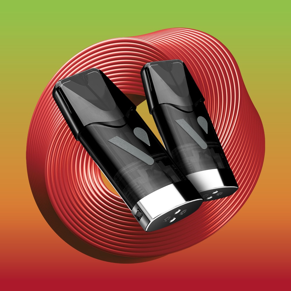 Two sleek black and silver Double Apple Vuse Extra Intense Flavour Pods by Vuse are placed side by side against a vibrant gradient background of green, yellow, and red, accented with swirling red circular lines.