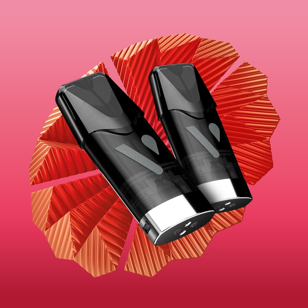 Two sleek black Vuse Original Strawberry Vuse Extra Intense Flavour Pods with metallic bases are set against a striking red, geometric background on a pink gradient, showcasing their convenient pre-filled e-liquid design.