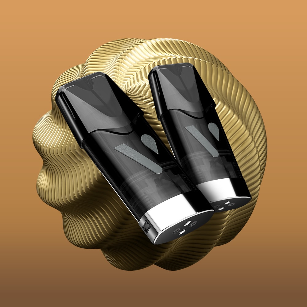 Two black and silver Hazelnut Macchiato Vuse Extra Intense Flavour Pods by Vuse float side by side against a gold, wavy textured abstract background on a gradient brown backdrop.