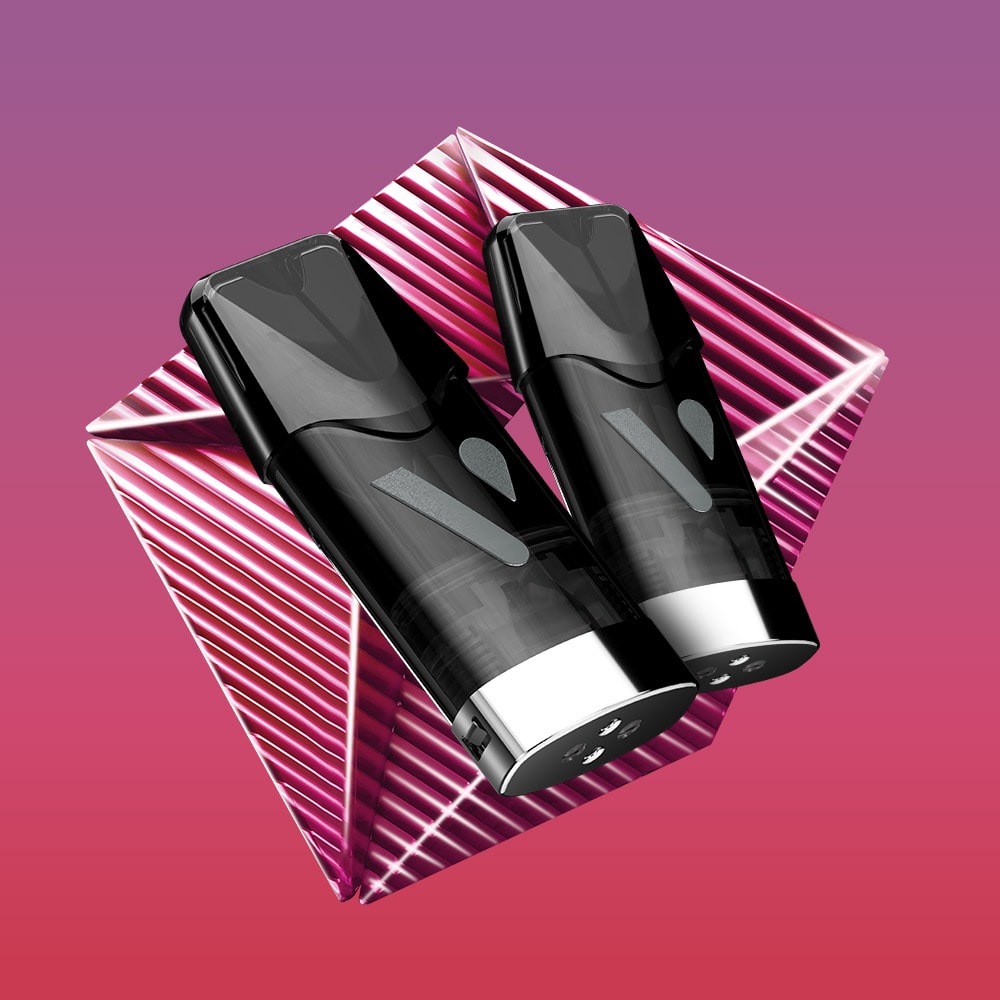 Two sleek black deodorant sticks with silver bottoms sit side by side before a geometric, pink and white striped prism against a pink-purple gradient, echoing the style of Vuse Cherry Ice Extra Intense Flavour Pods packaging.