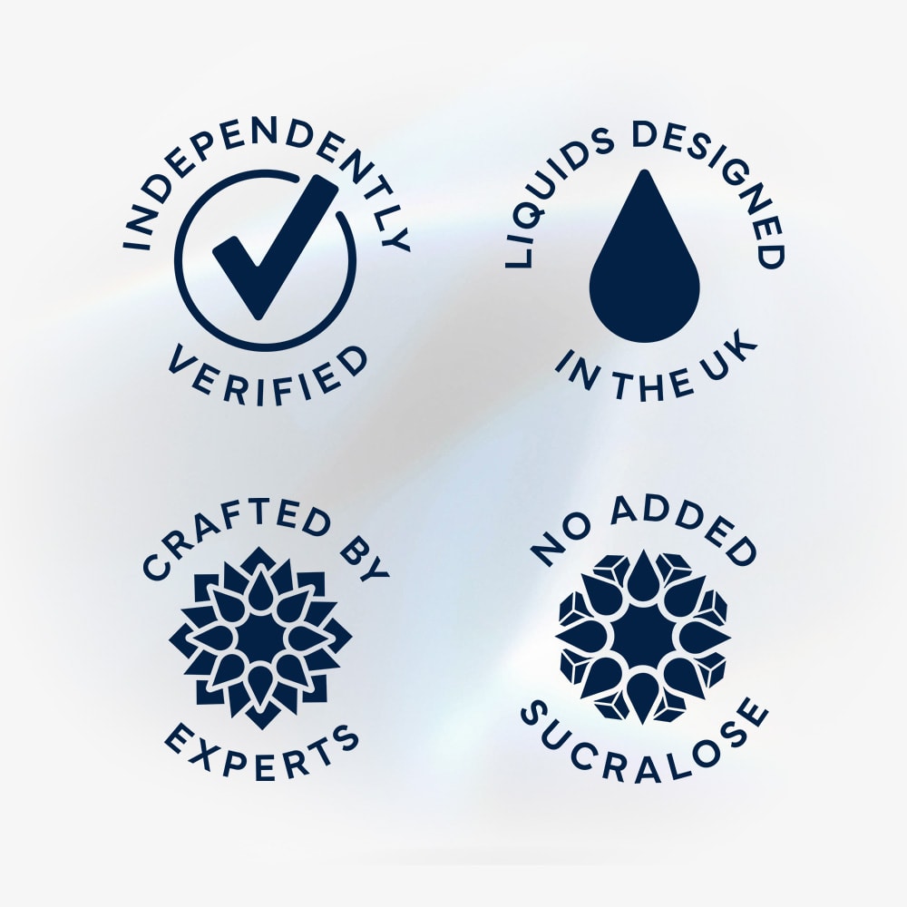 Four circular icons: a check mark for Independently Verified, a droplet for Liquids Designed in the UK, a starburst for Crafted by Experts, and one for No Added Sucralose—perfect for Strawberry Ice Vuse Extra Intense Flavour Pods.