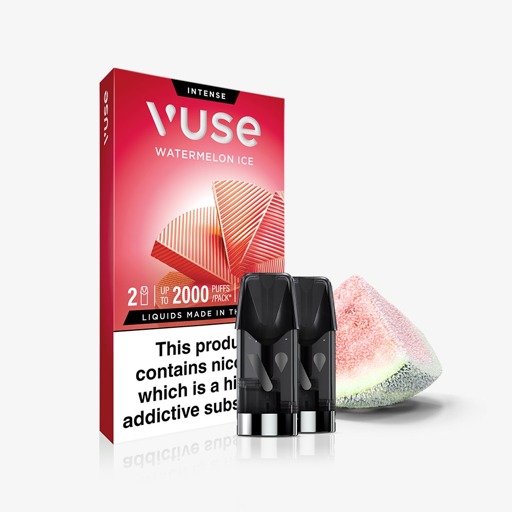 A box of Vuse Watermelon Ice Extra Intense Flavour Pods is displayed with two black pre-filled pods and a watermelon slice. The packaging features a nicotine warning and is compatible with Vuse PRO devices.