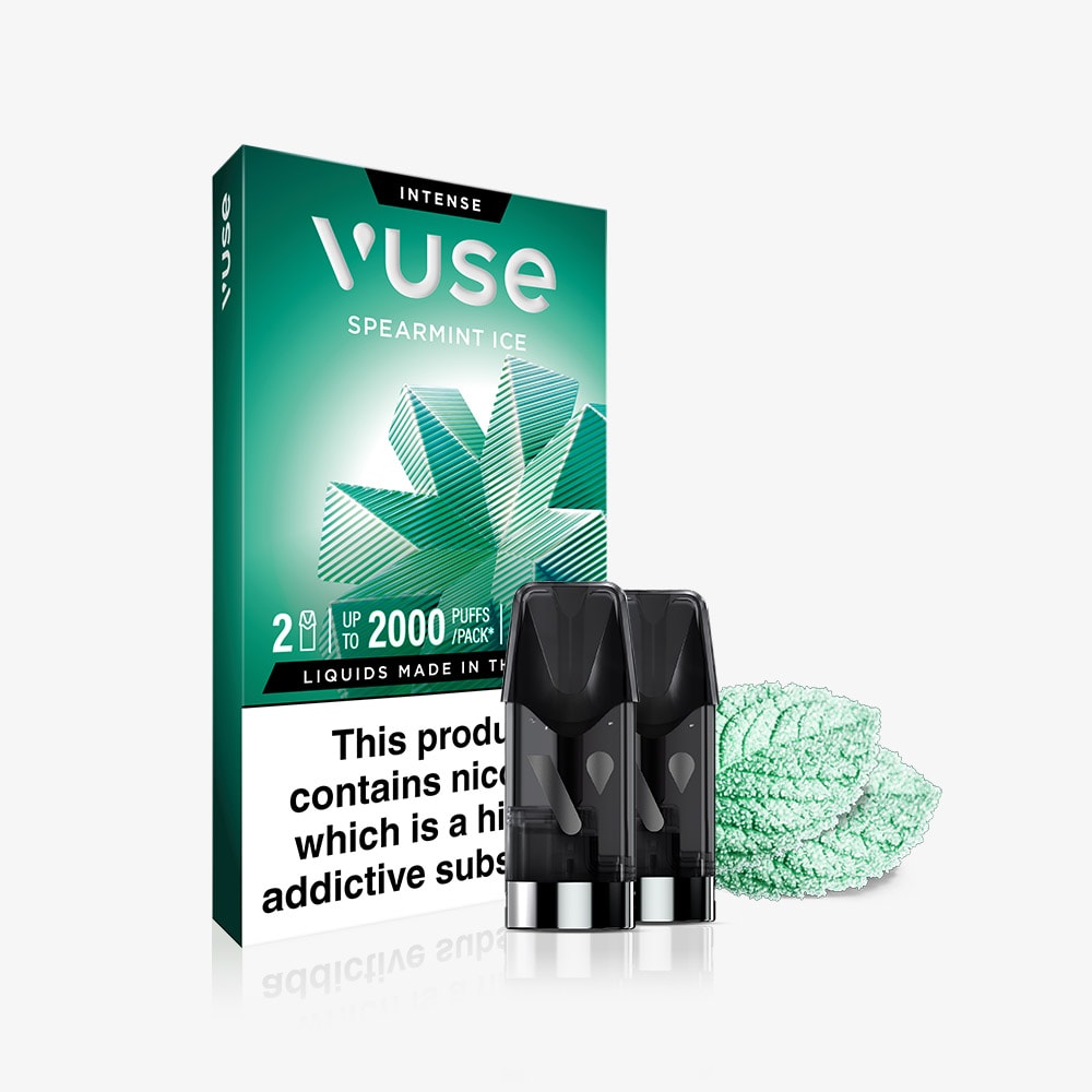 The Spearmint Ice Vuse Extra Intense Flavour Pods by Vuse come in a green box with a mint leaf design, include two Vuse PRO compatible pods, and display a nicotine addiction warning on the packaging.