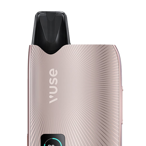 A close-up of the Vuse Ultra Device Kit shows its metallic, textured body, black mouthpiece, and small digital display near the base, emphasizing its advanced vaping features.
