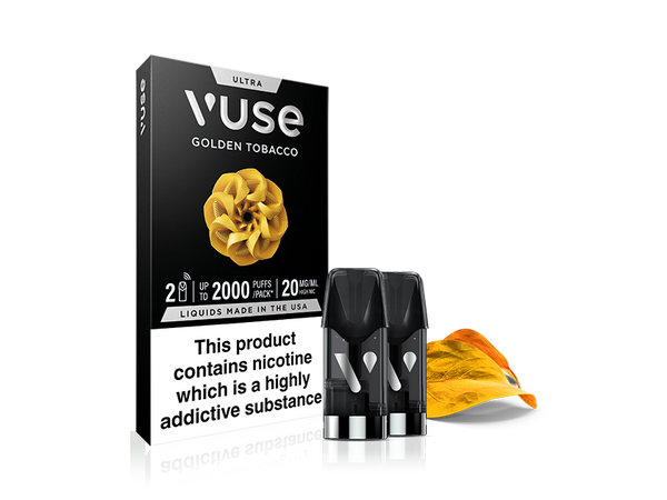 The Vuse Golden Tobacco Ultra Smart Pod pack includes two pods with golden tobacco flavour and a warning: This product contains nicotine which is a highly addictive substance.