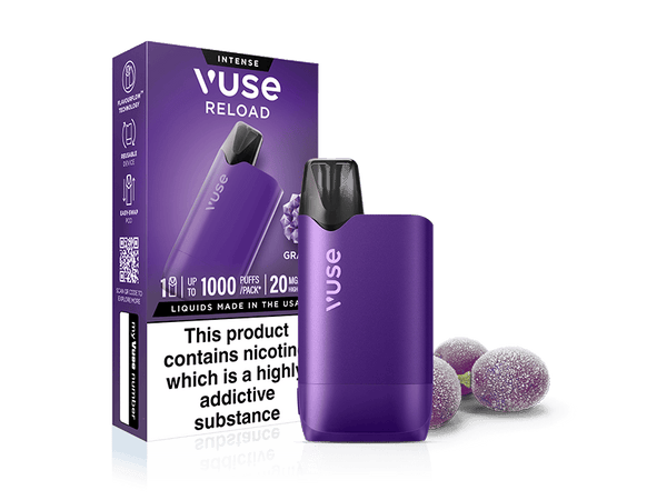 A Vuse Grape Ice Vuse Reload Box vape stands before its premium packaging, labeled Intense Grape Ice. Three frosted grapes rest beside it, with a nicotine warning visible on the prefilled pod packaging.