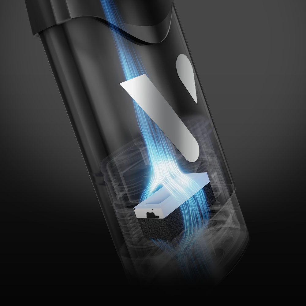 A close-up illustration of a black spray can with blue airflow lines passing through a filtration system inside, highlighting its internal technology on a dark background.